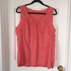 Linen Tank Top Large Bust Salmon with Embridery